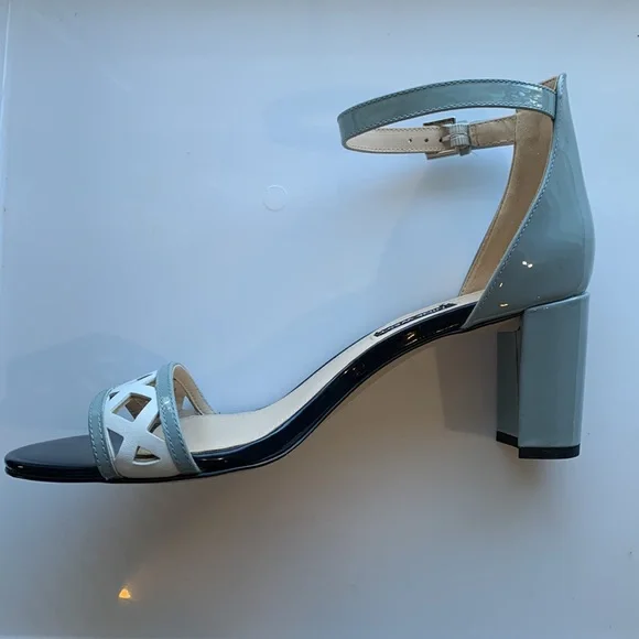 Nine West Paisley Open Toe Blue Patent Leather Block Heel Sandals - Picture 10 of 16